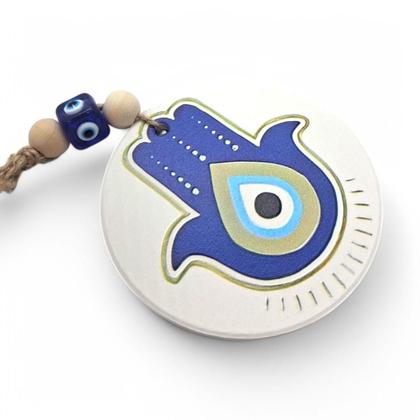 Imagem de Móbile Mão Hamsá Olho Grego Branco Afasta Mau Olhado 7 cm