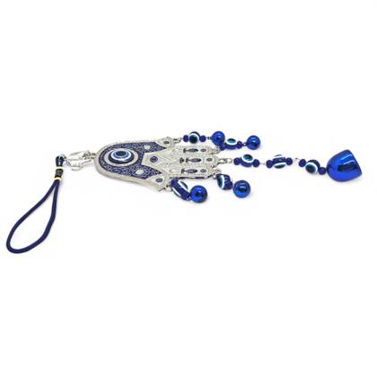 Imagem de Móbile Mão Hamsá Olho Grego com Sino Afasta Mau Olhado 37 cm