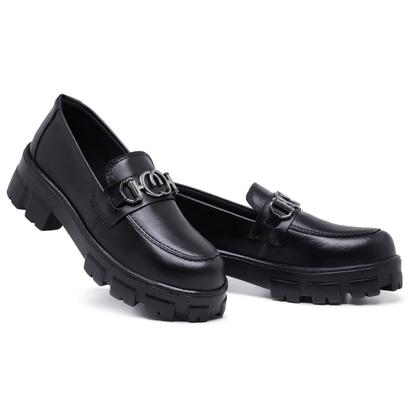 Imagem de Mocassim Feminino Preto Couro Conforto Sola Tratorada Moderno