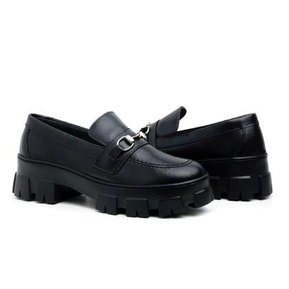 Imagem de Mocassim Feminno Tratorado Loafer Slip-On Plataforma Blogueira Metal Bico Redondo Conforto