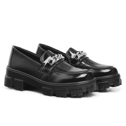 Imagem de Mocassim Tratorado Feminino Corrente Preto Verniz Confortável