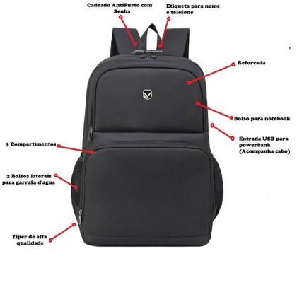Imagem de Mochila Bolsa Escolar Trabalho Passeio Notebook Executiva Home Office Anti Furto Senha USB