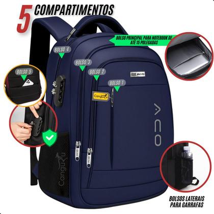 Imagem de Mochila Bolsa Masculina Feminina Notebook Bolso Antifurto Cadeado na Lateral Alto Padrão e Com Saída USB Trabalho Faculdade Escolar Viagem Dia a Dia