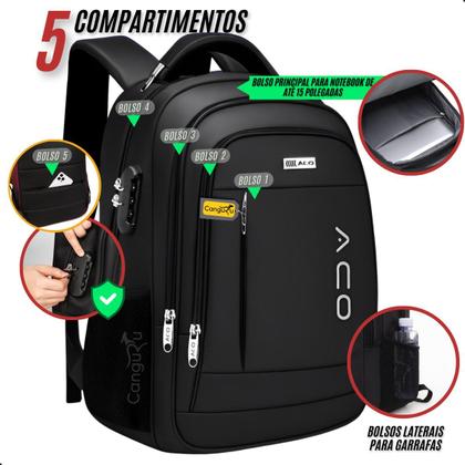 Imagem de Mochila Bolsa Masculina Feminina Notebook Bolso Antifurto Cadeado na Lateral Alto Padrão e Com Saída USB Trabalho Faculdade Escolar Viagem Dia a Dia