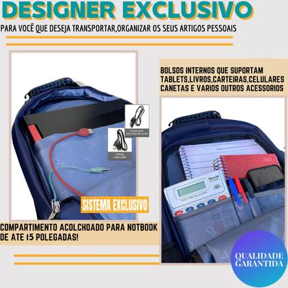 Imagem de Mochila Bolsa Masculina Feminina Notebook Bolso Antifurto Cadeado na Lateral Alto Padrão e Com Saída USB Trabalho Faculdade Escolar Viagem Dia a Dia