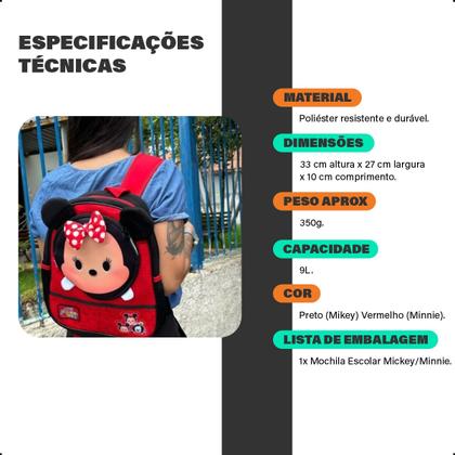 Imagem de Mochila Bolsa Mickey Minnie Oficial Infantil Criança Escolar Alça Zíper Resistente Tamanho Grande Menino Menina Original