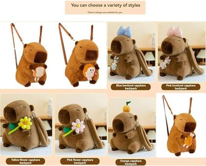 Imagem de Mochila Capivara Pequena de Pelúcia com Flor - Infantil e Adolescente