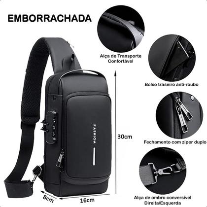 Imagem de Mochila com Cadeado Antiroubo à Prova Dágua Bolsa de Ombro Transversal Tipo Pochete com USB PRETA