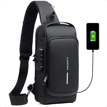 Imagem de Mochila com Cadeado Antiroubo à Prova Dágua Bolsa de Ombro Transversal Tipo Pochete com USB PRETA
