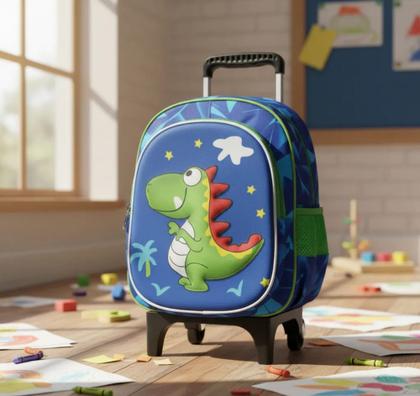 Imagem de mochila com carrinho infantil escolar menino dinossaurio azul claro