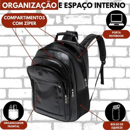 Imagem de Mochila Couro Preta Reforçada Multifuncional Resistente Estilosa