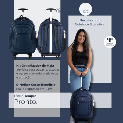 Imagem de Mochila Couro Rodinha Notebook Executiva Universitária Luxo Azul