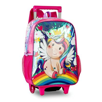 Imagem de Mochila de carrinho rodinha infantil unicórnio 16" un3496k