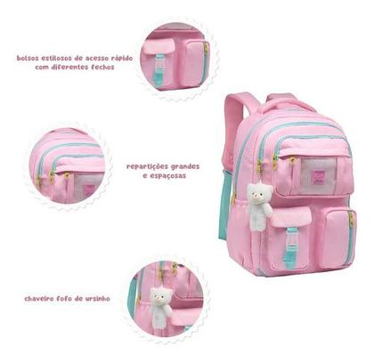 Imagem de Mochila De Costas Grande Escolar Chaveiro Ursinho Feminina