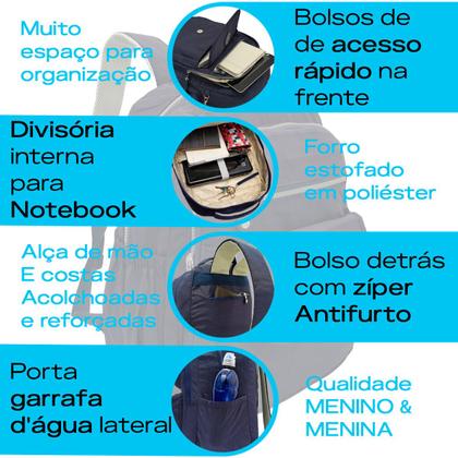 Imagem de Mochila de Costas Juvenil Casual Escola Trabalho Viagem Notebook Reforçada Resistente Menino e Menina