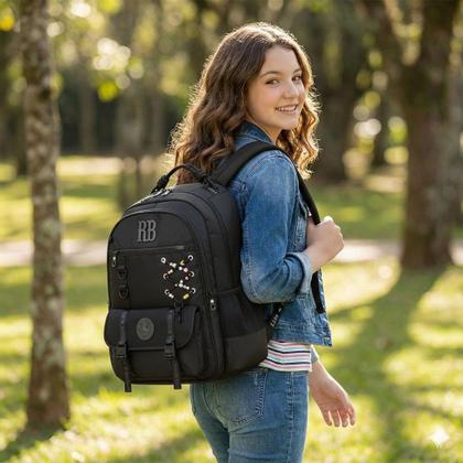 Imagem de Mochila de Costas Rebecca Bonbon Beaded Fun RB27425 Preto Grande Juvenil Bolso Antifurto Com Cadarço