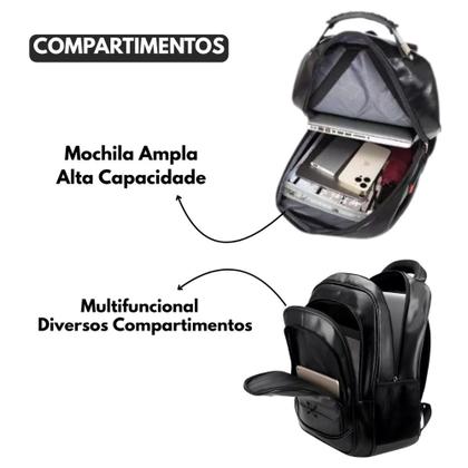 Imagem de Mochila de Couro Média Masculina Feminina Modelo Universitário Reforçada Com Cabo de Aço - Preta