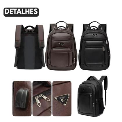 Imagem de Mochila de Couro Média Masculina Feminina Modelo Universitário Reforçada Com Cabo de Aço - Preta