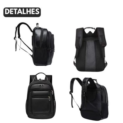 Imagem de Mochila de Couro Média Masculina Feminina Modelo Universitário Reforçada Com Cabo de Aço - Preta