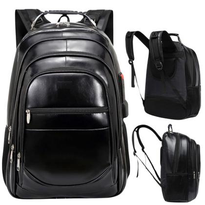 Imagem de Mochila de Couro Preta Grande Notebook Escolar Masculina/Feminina
