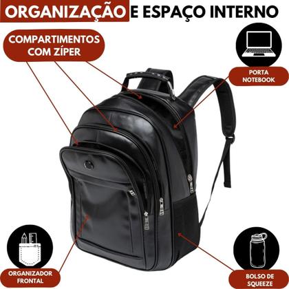 Imagem de Mochila de Couro Preta Grande Notebook Escolar Masculina/Feminina