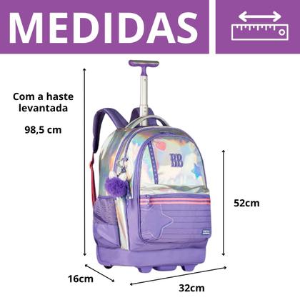 Imagem de Mochila De Rodinha Holográfica Espaçosa Rebecca Bonbon Escolar Juvenil Original Licenciada Com Chaveiro Decorativo Clio