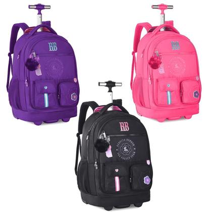 Imagem de Mochila De Rodinhas Juvenil Rebecca Bonbon Moda Meninas Volta Aulas Chaveiro Pompom Viagens Passeios