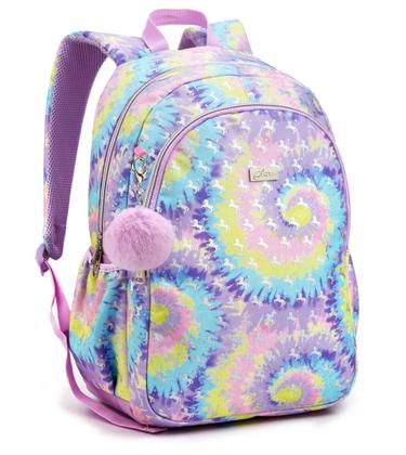 Imagem de Mochila Escolar 17” Feminina Glitt Tie Dye Colorido Reforçada Com Chaveiro Pompom Seanite