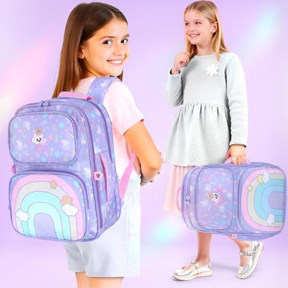Imagem de Mochila Escolar Bolsa Colorida Arco-Iris Grande Moda Lilás