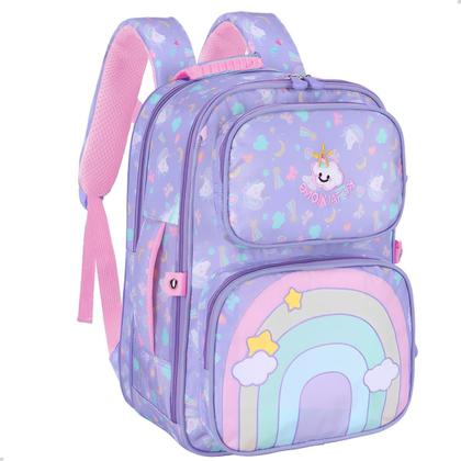 Imagem de Mochila Escolar Bolsa Colorida Arco-Iris Grande Moda Lilás