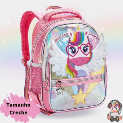 Imagem de Mochila Escolar Creche Passeio Infantil Menina Unicórnio 3D Holográfica