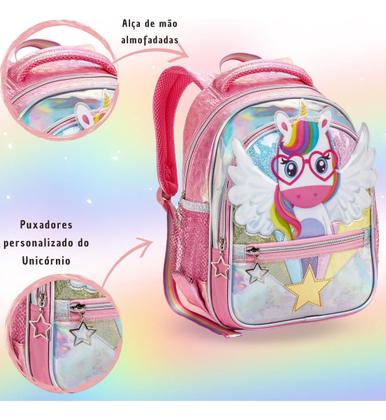 Imagem de Mochila Escolar Creche Passeio Infantil Menina Unicórnio 3D Holográfica