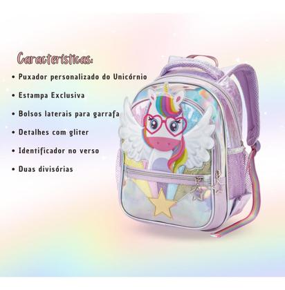 Imagem de Mochila Escolar Creche Passeio Infantil Menina Unicórnio 3D Holográfica 