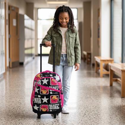 Imagem de Mochila Escolar Feminina Infantil com 2 Rodinhas Menina Preta e Rosa Estrelas Alça Retratil Reforçada Bolso Lateral Sweet Girl