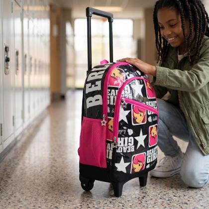Imagem de Mochila Escolar Feminina Infantil com 2 Rodinhas Menina Preta e Rosa Estrelas Alça Retratil Reforçada Bolso Lateral Sweet Girl