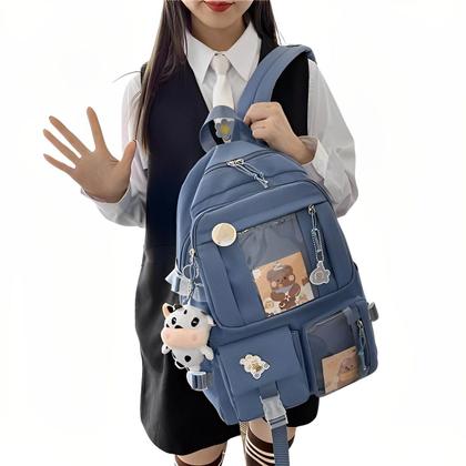 Imagem de Mochila Escolar Feminina Multicolorida Com Bolsos Transparentes Moderna Material Resistente Comporta Notebook e Livros