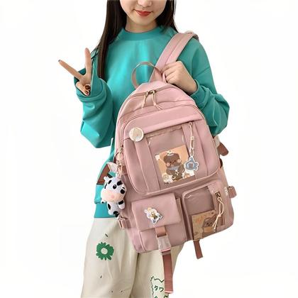 Imagem de Mochila Escolar Feminina Multicolorida Com Bolsos Transparentes Moderna Material Resistente Comporta Notebook e Livros