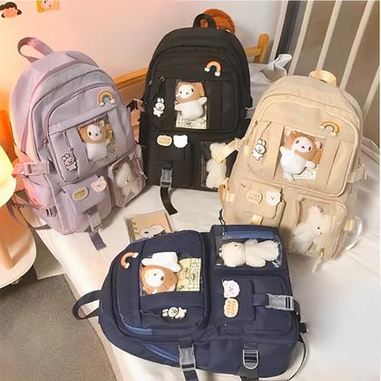 Imagem de Mochila Escolar Feminina Multicolorida Com Bolsos Transparentes Moderna Material Resistente Comporta Notebook e Livros