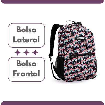 Imagem de Mochila Escolar Grande Bolso Frontal e Lateral Arco Íris Juvenil Colegial Fundamental Médio Feminina