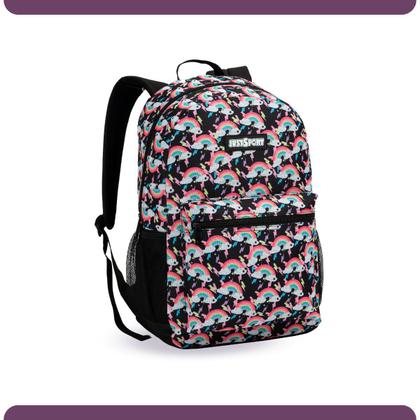 Imagem de Mochila Escolar Grande Bolso Frontal e Lateral Arco Íris Juvenil Colegial Fundamental Médio Feminina