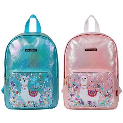Imagem de Mochila Escolar Infantil Costas Lhama Glitter Holográfica Metalizada Menina Paetê Colorido Lili July Azul Rosa
