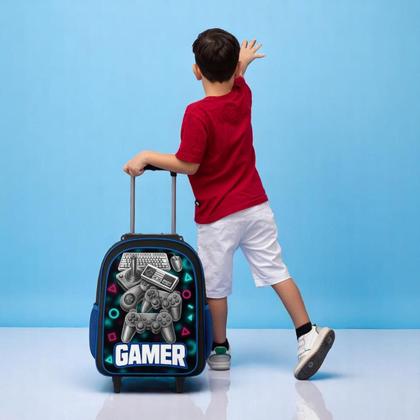 Imagem de Mochila Escolar Infantil Masculina Rodinha + Estojo + Lancheira Gamer