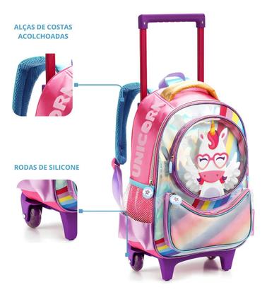 Imagem de Mochila Escolar Infantil Rodinhas Unicórnio Cor Rosa