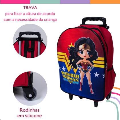 Imagem de Mochila Escolar Mulher Maravilha Carrinho Menina Vermelha