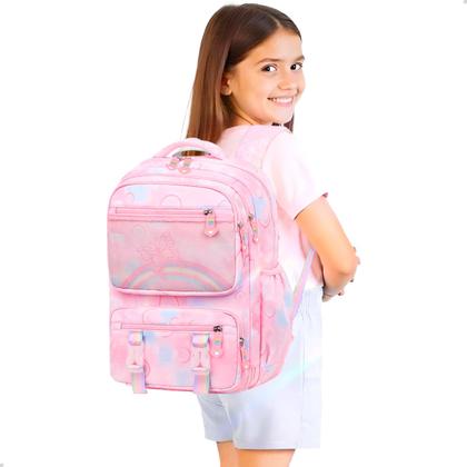 Imagem de Mochila Escolar Para Menina Bolsa Arco Iris Espaçosa Estilo Fichario Com Abertura 180