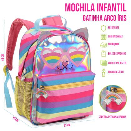 Imagem de Mochila Escolar Passeio Infantil Meninas Gatinho Arco-íris