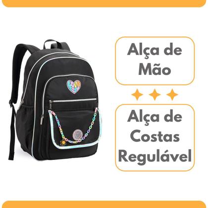 Imagem de Mochila Escolar Preta Grande Feminina Bolso Frontal Lateral Juvenil Adulto Fundamental Médio Menina