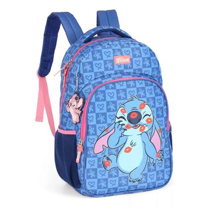 Imagem de Mochila Escolar Stitch Disney Azul Chaveiro Luxcel + Estojo