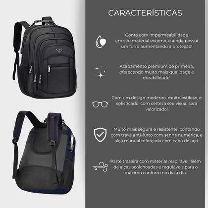 Imagem de Mochila Executiva Notebook Impermeável Reforçada Senha Antifurto Faculdade Trabalho com Porta USB