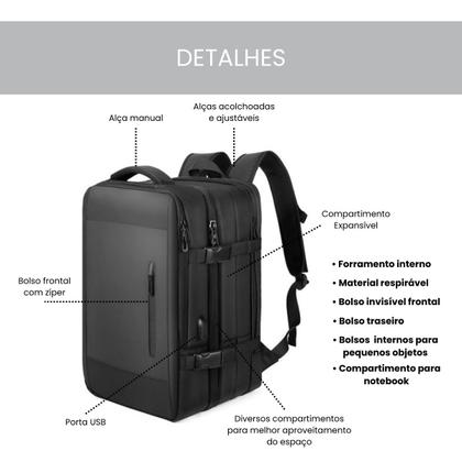 Imagem de Mochila Expansível Notebook Mala Viagem Impermeável Reforçada Antiroubo com Porta USB